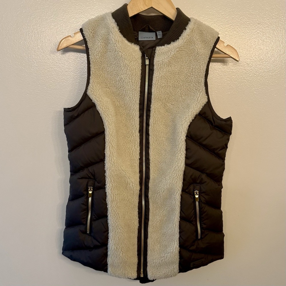Athleta Vest Women XS Olive/Brown Goose Down Responsible‎ Tundra Sherpa Puffer